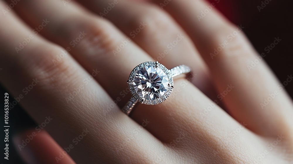 Exquisite Diamond Engagement Ring Adorning Woman's Hand suitable for business background, posters, wallpapers, banners, greeting cards, and advertising for business entities or brands.