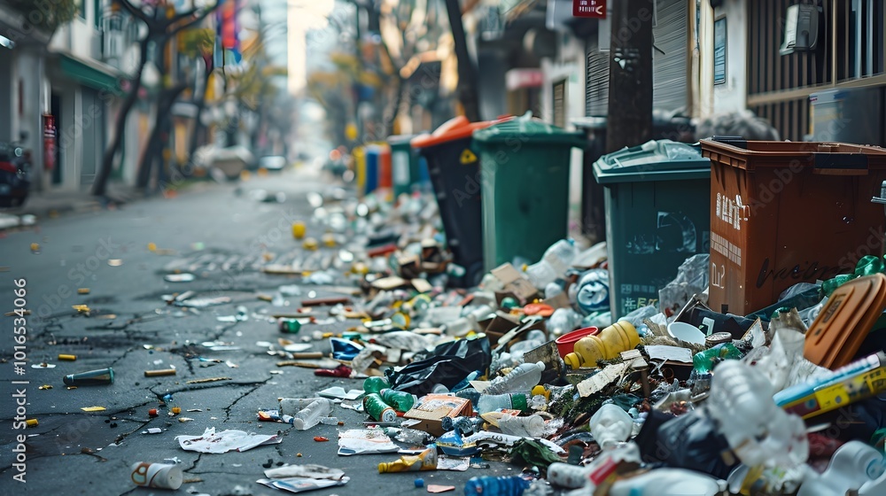 Overflowing Trash and Litter Plaguing a Busy City Street Highlighting the Challenges of Waste Management Overflowing Trash and Litter Plaguing a Busy City Street Highlighting the Challenges of Waste Management