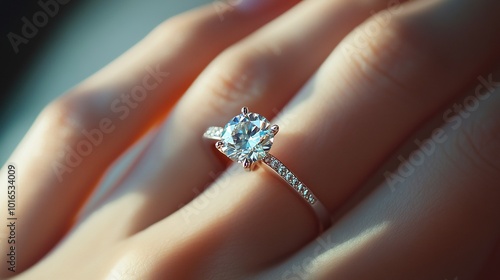 Exquisite Diamond Engagement Ring Adorning Woman's Hand suitable for business background, posters, wallpapers, banners, greeting cards, and advertising for business entities or brands.