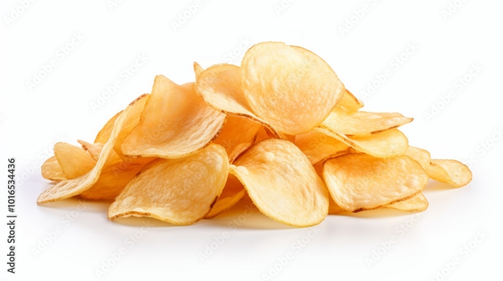Yellow potato chips pile isolated on white background. Neural network ai generated art Yellow potato chips pile isolated on white background. Neural network ai generated art