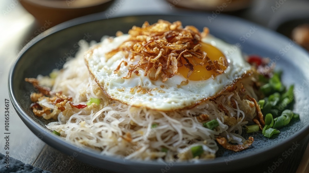 A simple but delicious plate of fried bee hoon topped with a fried egg and crispy shallots, ready to be enjoyed A simple but delicious plate of fried bee hoon topped with a fried egg and crispy shallots, ready to be enjoyed