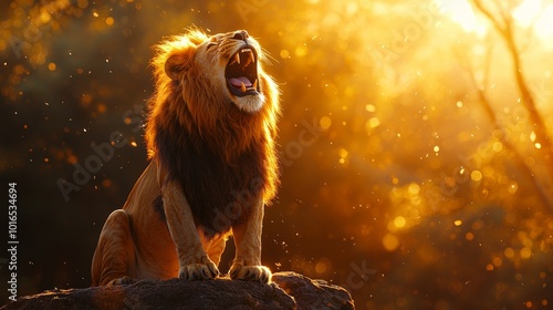 Loud roaring lion sitting on a rock under golden sunlight in nature photo