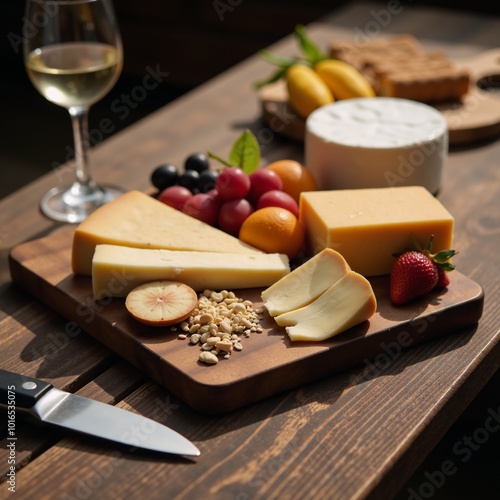 Rustic wood table displays vibrant artisanal cheese platter under soft natural light Gastronomic Indulgence photo