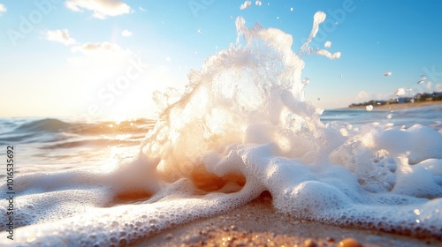 Sunlit surf foam elegantly flows over a golden sandy beach during a vibrant sunset, portraying the calming yet exhilarating edge between land and sea. photo