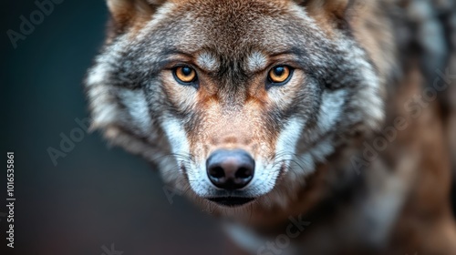 The front-facing view of a wolf, with sharp and penetrating eyes, captures the majestic intensity of this wild creature in an untamed natural setting.