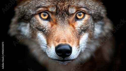 A wolf with glowing eyes stares directly into the camera, highlighting its intense and captivating nature against a shadowy backdrop of wilderness.