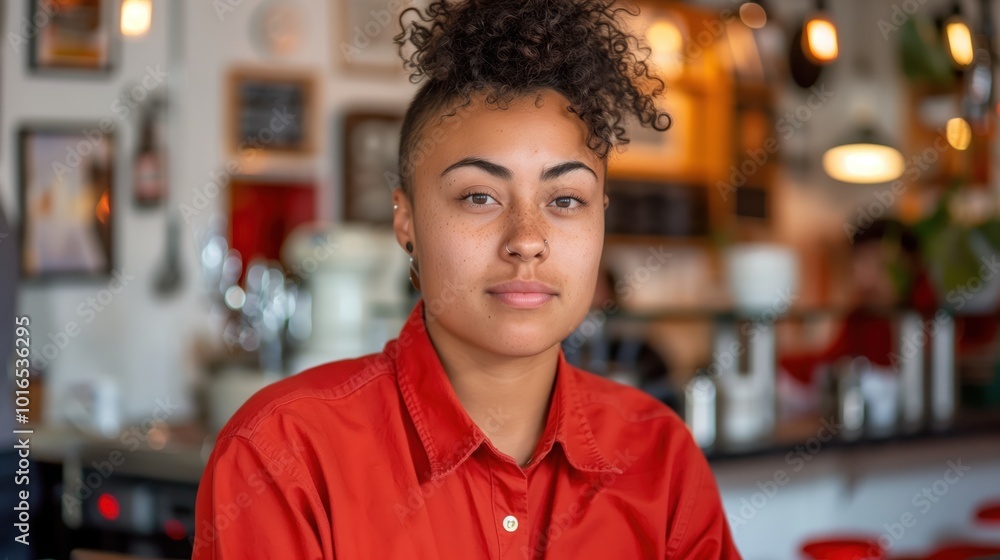 A confident coffee shop employee in a warm coffee shop atmosphere, wearing a red shirt and looking directly at the camera with a calm expression. A confident coffee shop employee in a warm coffee shop atmosphere, wearing a red shirt and looking directly at the camera with a calm expression.
