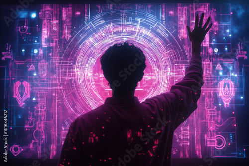 Silhouette touching neon holographic display 