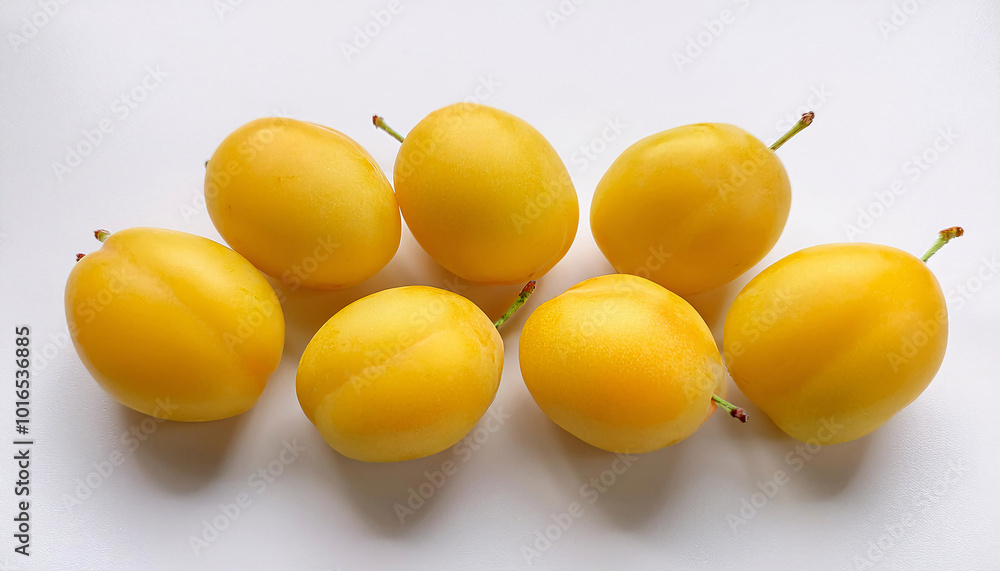 A group of yellow plums, one of which is sliced open, revealing its juicy flesh and pit A group of yellow plums, one of which is sliced open, revealing its juicy flesh and pit