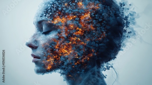 human head in profile view,pieces of a jigsaw puzzle representing the brain fading into nothingness as memory loss and cognitive decline associated,dementia and alzheimers disease.stock image