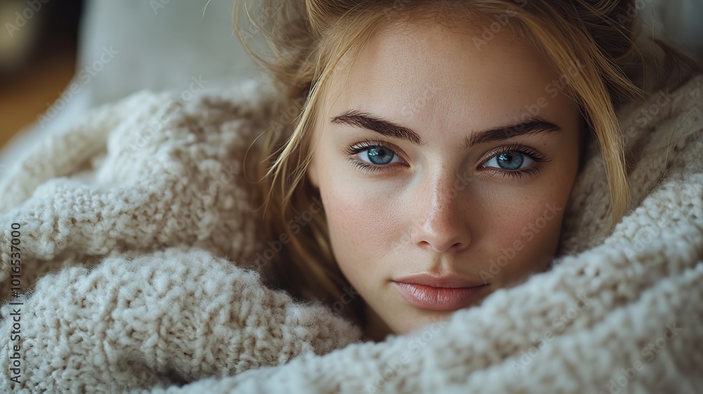 ill young woman wrapped in blanket on sofa at home using tablet.create by F.a