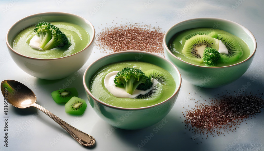 Bowls of green soup topped with kiwi slices, chia seeds, and yogurt Bowls of green soup topped with kiwi slices, chia seeds, and yogurt