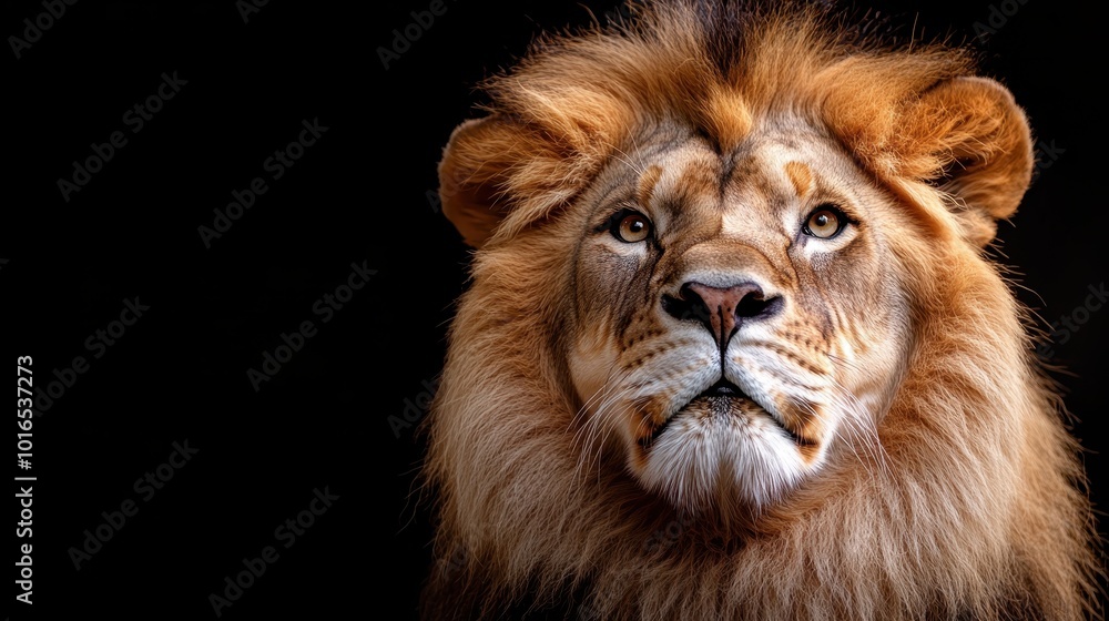 Obraz premium A close-up portrait of a fierce and regal lion against a dark background, capturing the intensity and beauty of this majestic creature, representing power and authority.