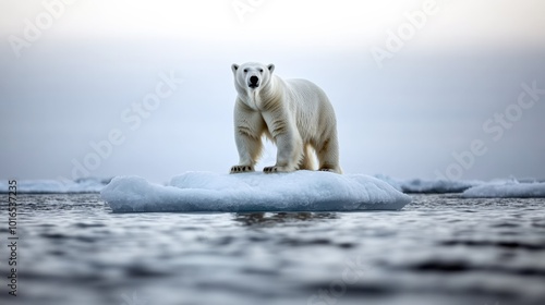 A lonely polar bear on a melting iceberg in the middle of the endless ocean. isolation of the animal and its vulnerability to global warming. concept and consequences of climate change and melting of