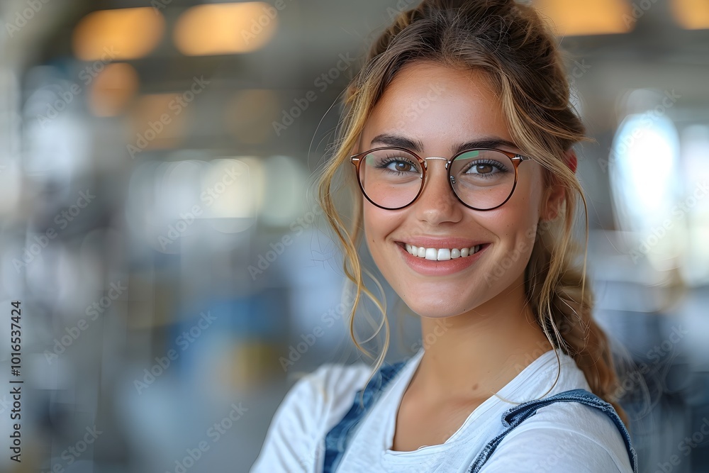 Smiling Woman with Glasses at Urban Indoor Location for Portrait and Lifestyle Themes Smiling Woman with Glasses at Urban Indoor Location for Portrait and Lifestyle Themes
