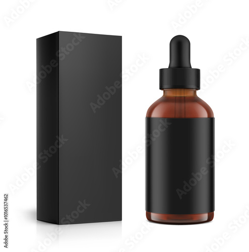 Realistic dropper bottle with black paperboard box mockup isolated on white background. Vector illustration. Сan be used for cosmetic, medical and other needs. EPS10.	