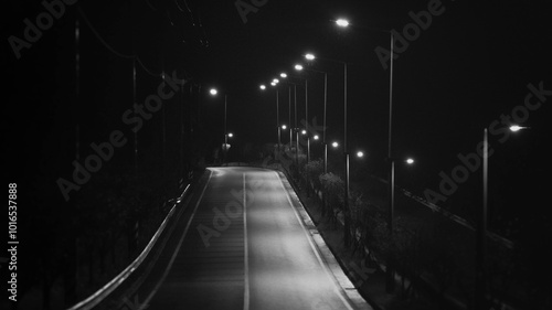 A quiet nighttime road illuminated by streetlights in a serene, low-traffic area during the late evening hours