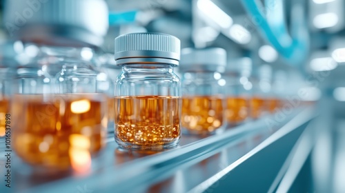 A detailed close-up image featuring a single transparent vial containing shimmering copper-colored liquid on a production line, highlighting modern manufacturing precision.