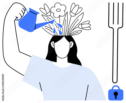 A woman waters flowers growing from her head symbolizing self-care and personal growth. A fork and lock appear beside her. Ideal for mental well-being, creativity, self-nurturing, inner growth