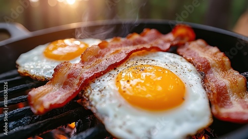 Delicious sunny-side up eggs and crispy bacon sizzle atop a grill; morning light softly illuminates the arrangement, capturing the essence of outdoor breakfast cooking. photo