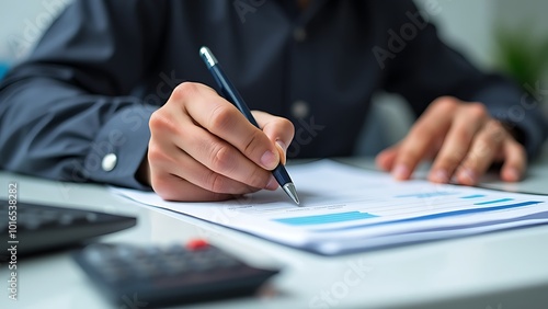 Office Workspace with Hands Writing on Document