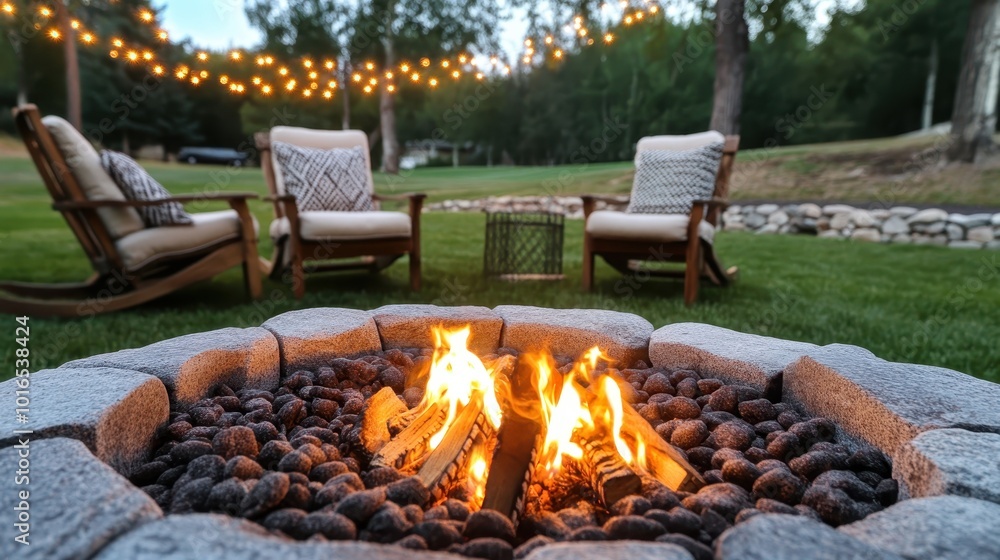 A cozy backyard scene featuring a crackling campfire, surrounded by comfortable seating, all set under charming string lights, perfect for outdoor relaxation. A cozy backyard scene featuring a crackling campfire, surrounded by comfortable seating, all set under charming string lights, perfect for outdoor relaxation.