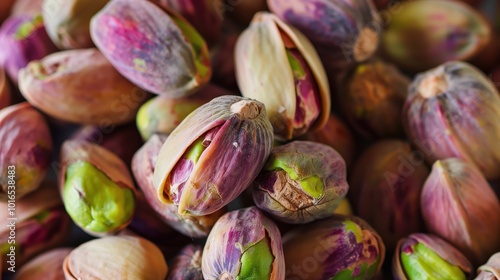 Close-up of vibrant pistachios with shades of green and purple, showcasing their natural textures and fresh appearance.