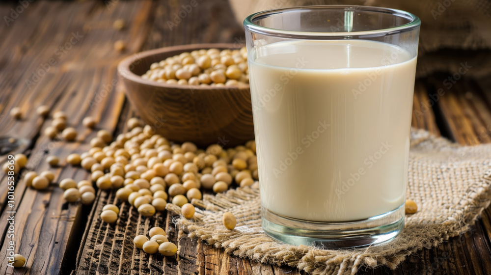 Glass of fresh soy milk on rustic wooden table surrounded by raw soybeans, showcasing natural plant-based nutrition and health benefits. Glass of fresh soy milk on rustic wooden table surrounded by raw soybeans, showcasing natural plant-based nutrition and health benefits.