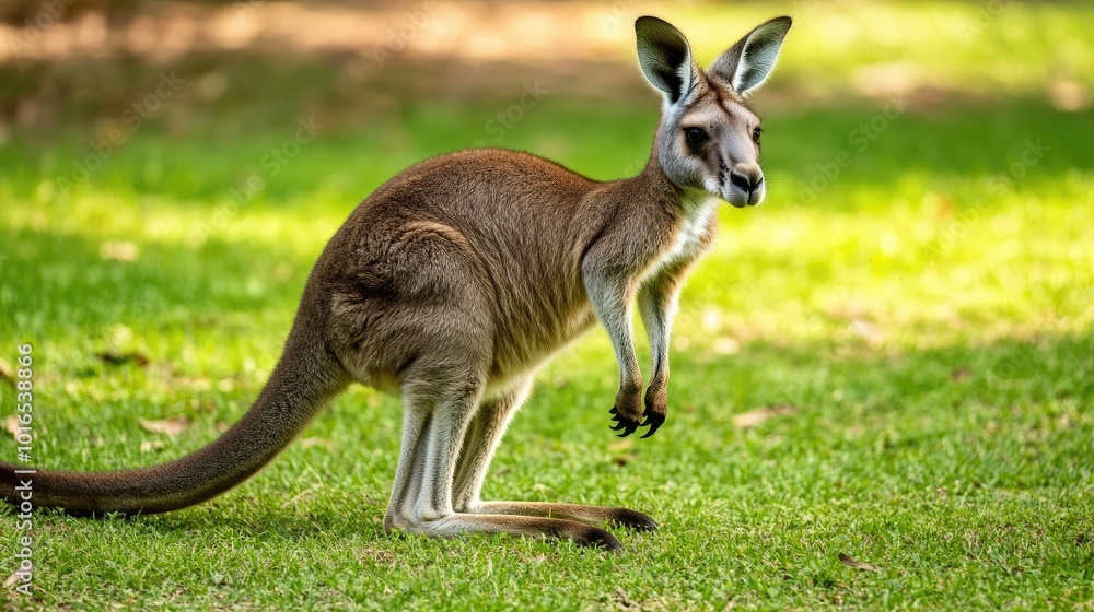 A wallaby kangaroo standing on alert in an open field, with its large feet and powerful tail visible, showcasing its natural agility A wallaby kangaroo standing on alert in an open field, with its large feet and powerful tail visible, showcasing its natural agility