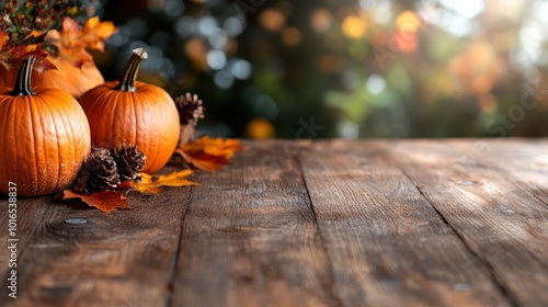 Autumn decorations featuring pumpkins and pinecones cover a wooden table, enhanced by falling leaves, creating a charming seasonal display of nature's bounty.