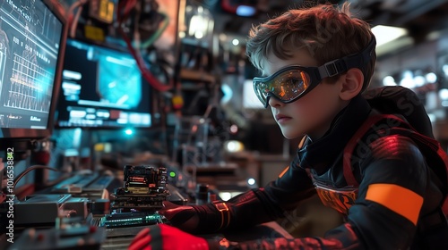 A young boy dressed as a spy, complete with a sleek black outfit and a small gadget in hand, is stealthily conducting a data theft mission in a high-tech laboratory.