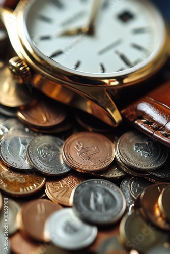 Close-up of wristwatch surrounded by coins symbolizing wealth and time