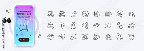 Money app, Healthy face and Location app line icons for web app. Phone mockup gradient screen. Pack of Floor lamp, Hearing, Washing hands pictogram icons. Vector
