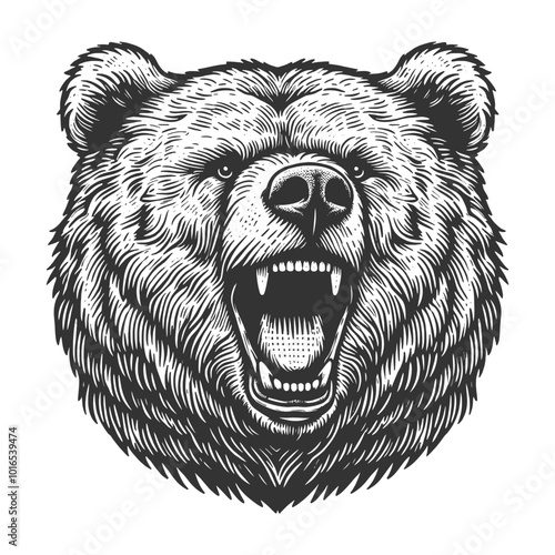 roaring growling grizzly bear head, tattoo. Powerful expression sketch engraving generative ai vector illustration. Scratch board imitation. Black and white image.