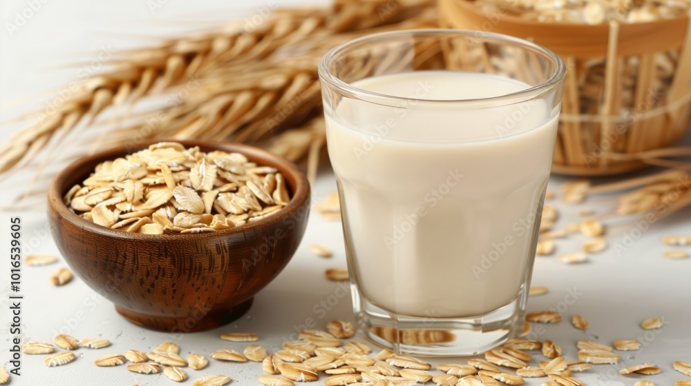 Glass of oat milk with a wooden bowl of oats on a light background. Healthy vegan drink option with natural ingredients. Glass of oat milk with a wooden bowl of oats on a light background. Healthy vegan drink option with natural ingredients.