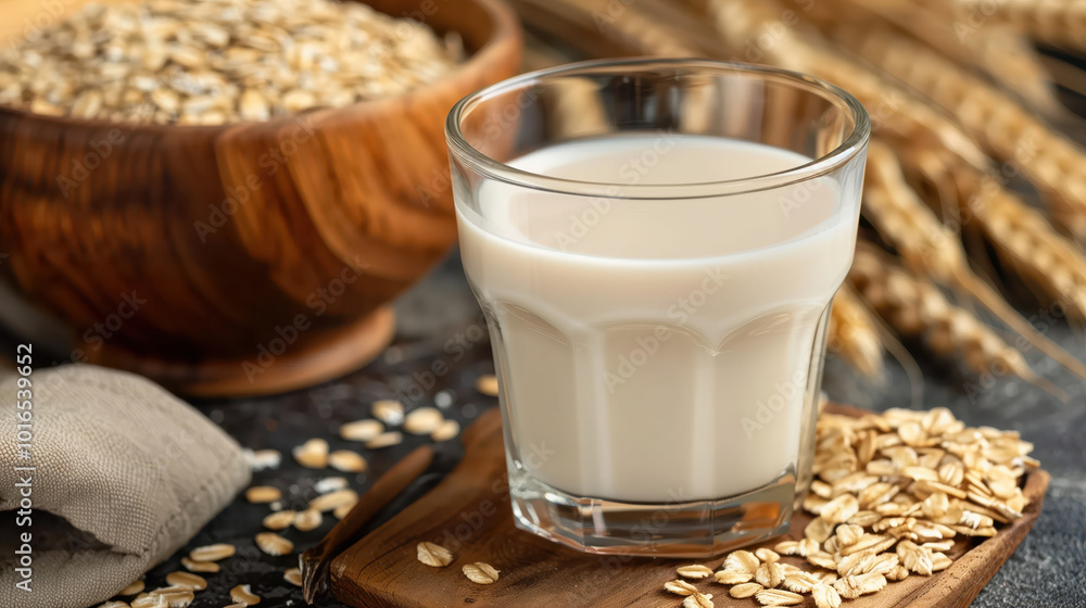 Glass of fresh oat milk with oats in a wooden bowl, surrounded by grains. Healthy vegan dairy alternative concept. Glass of fresh oat milk with oats in a wooden bowl, surrounded by grains. Healthy vegan dairy alternative concept.