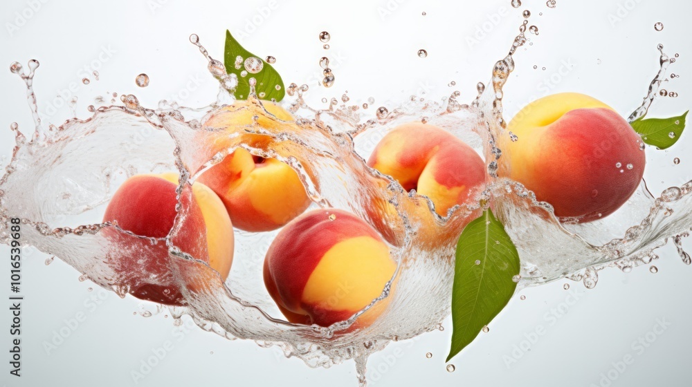Splash of water and few orange peaches on white background. Neural network ai generated art Splash of water and few orange peaches on white background. Neural network ai generated art