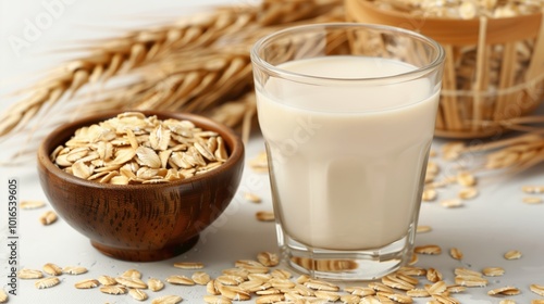 Glass of oat milk with a wooden bowl of oats on a light background. Healthy vegan drink option with natural ingredients. photo