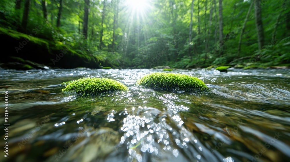 A tranquil forest stream flows over moss-covered rocks, with sunlight piercing through lush greenery, creating a serene and refreshing natural scene. A tranquil forest stream flows over moss-covered rocks, with sunlight piercing through lush greenery, creating a serene and refreshing natural scene.