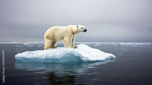 A lonely polar bear on a melting iceberg in the middle of the endless ocean. isolation of the animal and its vulnerability to global warming. concept and consequences of climate change and melting of