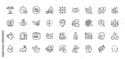 Vegetable, Uv protection and Medical flight line icons pack. AI, Question and Answer, Map pin icons. Blood and saliva test, Eye laser, Leaf dew web icon. Vector