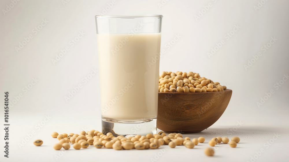 Glass of soy milk with soybean seeds in a wooden bowl on a white background. Perfect for vegan, lactose-free, and plant-based diet concepts. Glass of soy milk with soybean seeds in a wooden bowl on a white background. Perfect for vegan, lactose-free, and plant-based diet concepts.