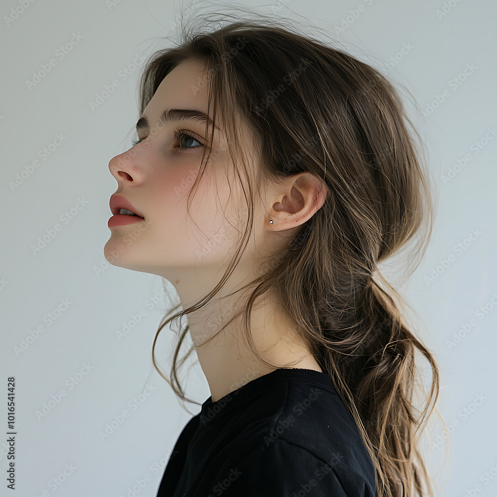 A striking minimalistic side profile of a young woman with her dark hair , set against a simple background
