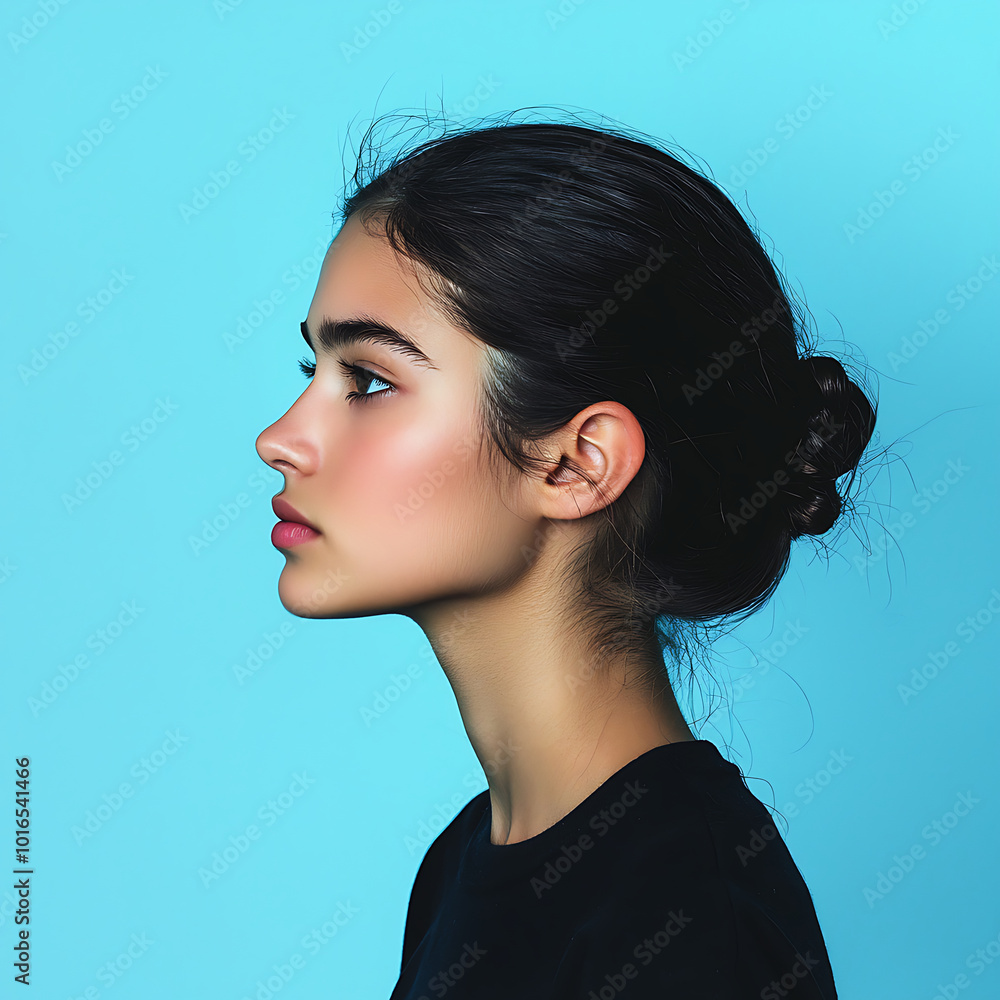 A striking minimalistic side profile of a young woman with her dark hair , set against a simple background A striking minimalistic side profile of a young woman with her dark hair , set against a simple background