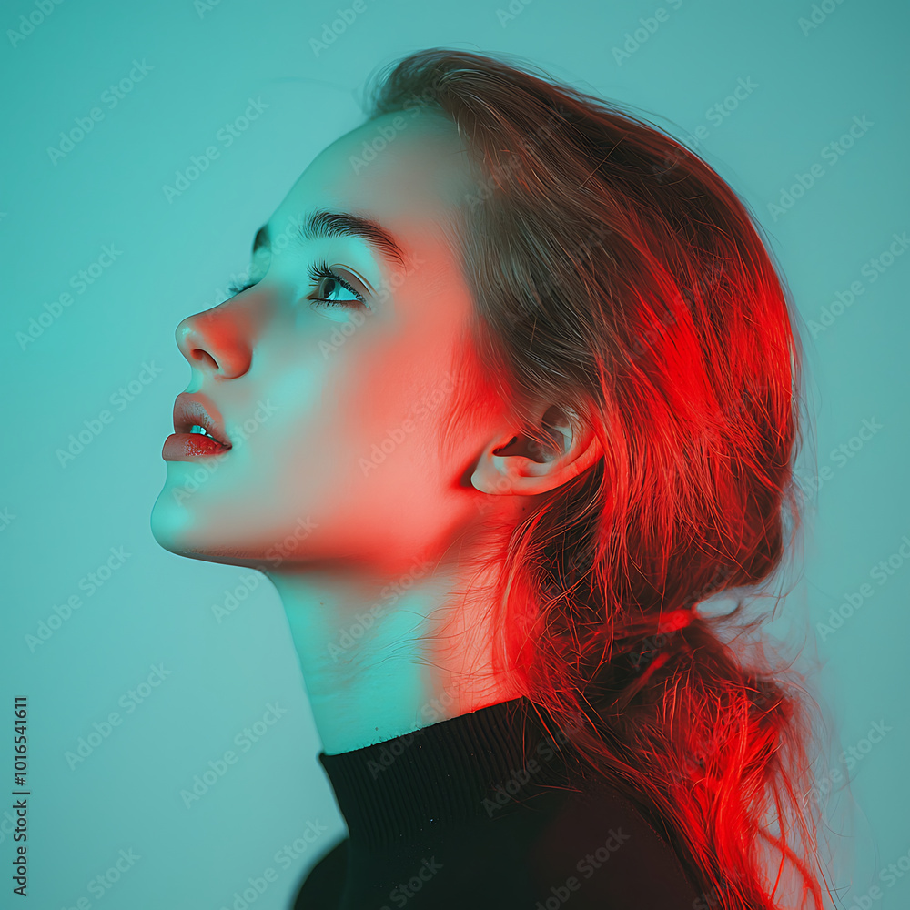 A striking minimalistic side profile of a young woman with her dark hair , set against a simple background
