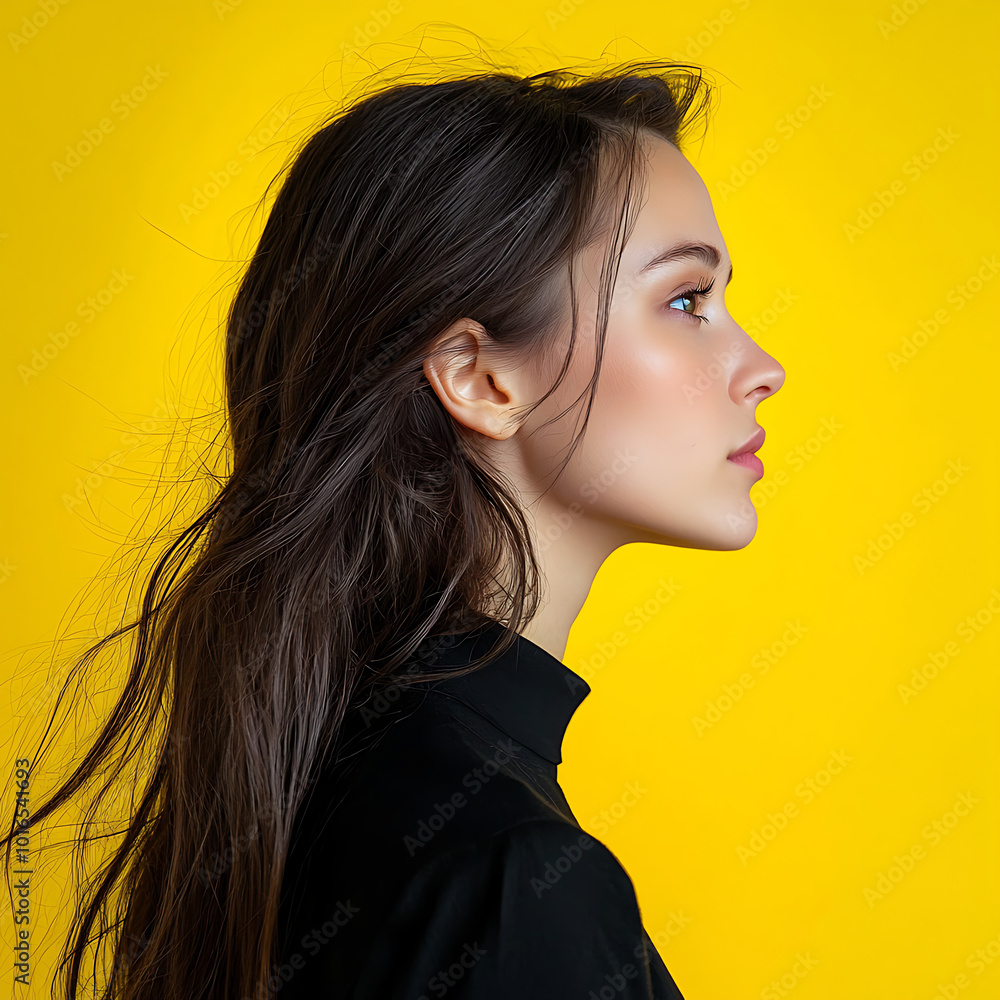 A striking minimalistic side profile of a young woman with her dark hair , set against a simple background