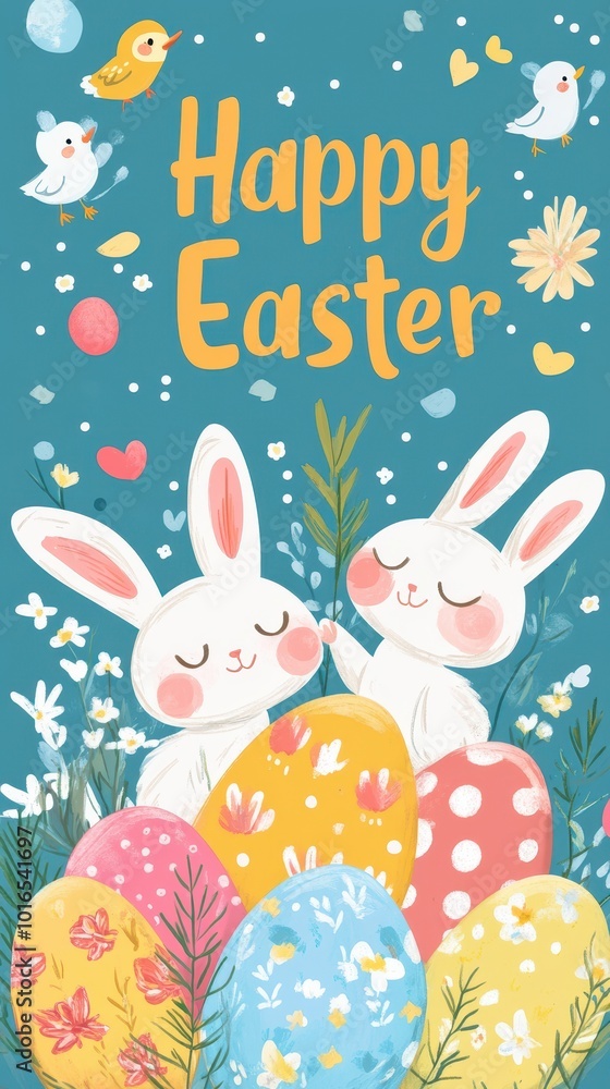 Two adorable bunnies enjoy Easter together surrounded by colorful eggs and bright spring flowers Two adorable bunnies enjoy Easter together surrounded by colorful eggs and bright spring flowers
