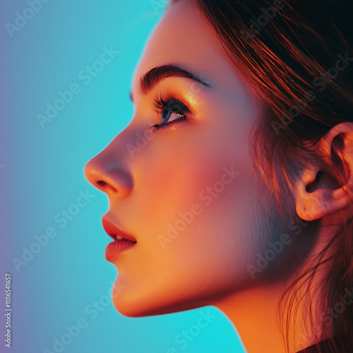 A striking minimalistic side profile of a young woman with her dark hair , set against a simple background