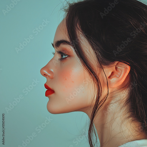 A striking minimalistic side profile of a young woman with her dark hair , set against a simple background