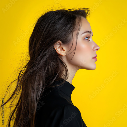 Obraz na płótnie A striking minimalistic side profile of a young woman with her dark hair , set against a simple background w salonie